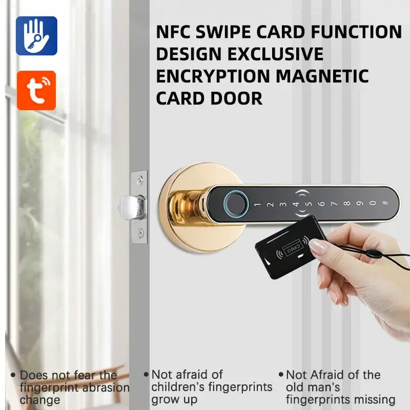 Smart fingerprint door lock handle with NFC swipe card feature and digital keypad for enhanced security.