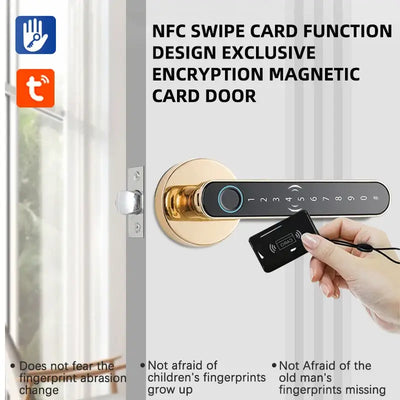 Smart fingerprint door lock handle with NFC swipe card feature and digital keypad for enhanced security.