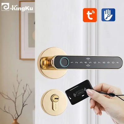 Smart Fingerprint Door Lock Handle with Keypad and Key Card for Home Security by Kingku.
