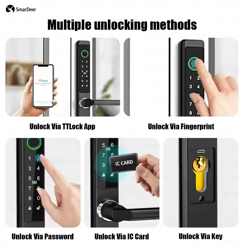 SmarDeer electronic door lock showcasing multiple unlocking methods: TTLock app, fingerprint, password, IC card, and key.