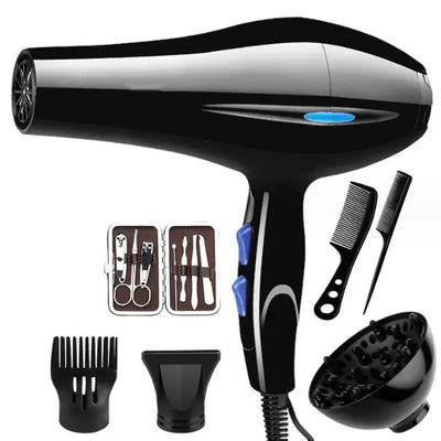 Professional black hair dryer with accessories including combs and styling tools, designed for efficient hair drying.