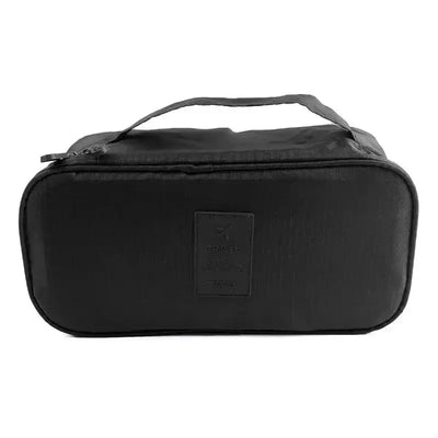 Lightweight black travel underwear organizer bag with handle, ideal for packing cubes for women's travel.