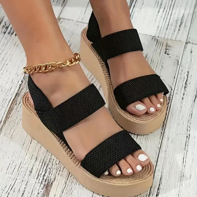 Women's minimalist wedge sandals – open toe, thick soled platform casual sandals with ankle strap and solid color design