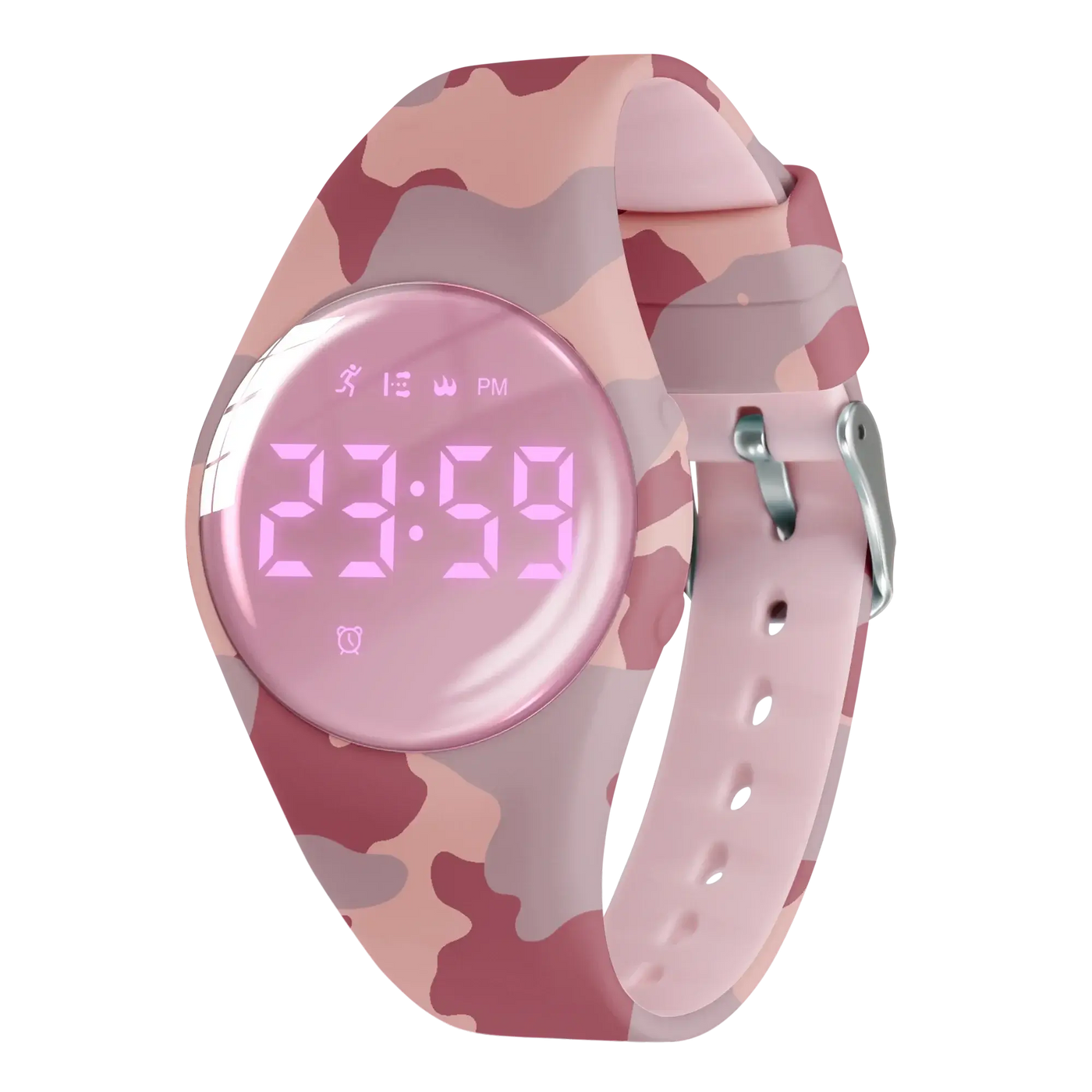 Digital fitness tracker watch for kids in pink camouflage design with silicone band and clear display.