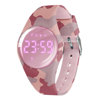 Digital fitness tracker watch for kids in pink camouflage design with silicone band and clear display.