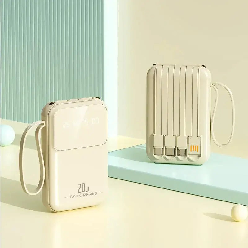 Portable 20000mAh power bank with fast charging, LED display, and sleek design for on-the-go charging.