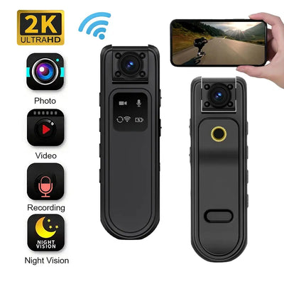 Portable Quad HD 2K camera with photo, video, recording, and night vision features.