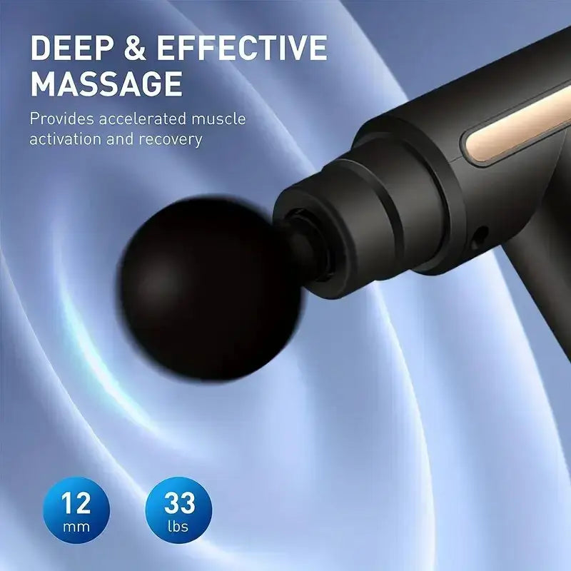 Close-up of Mini Massage Gun, showcasing its 12mm percussion for deep muscle recovery and effective relaxation.