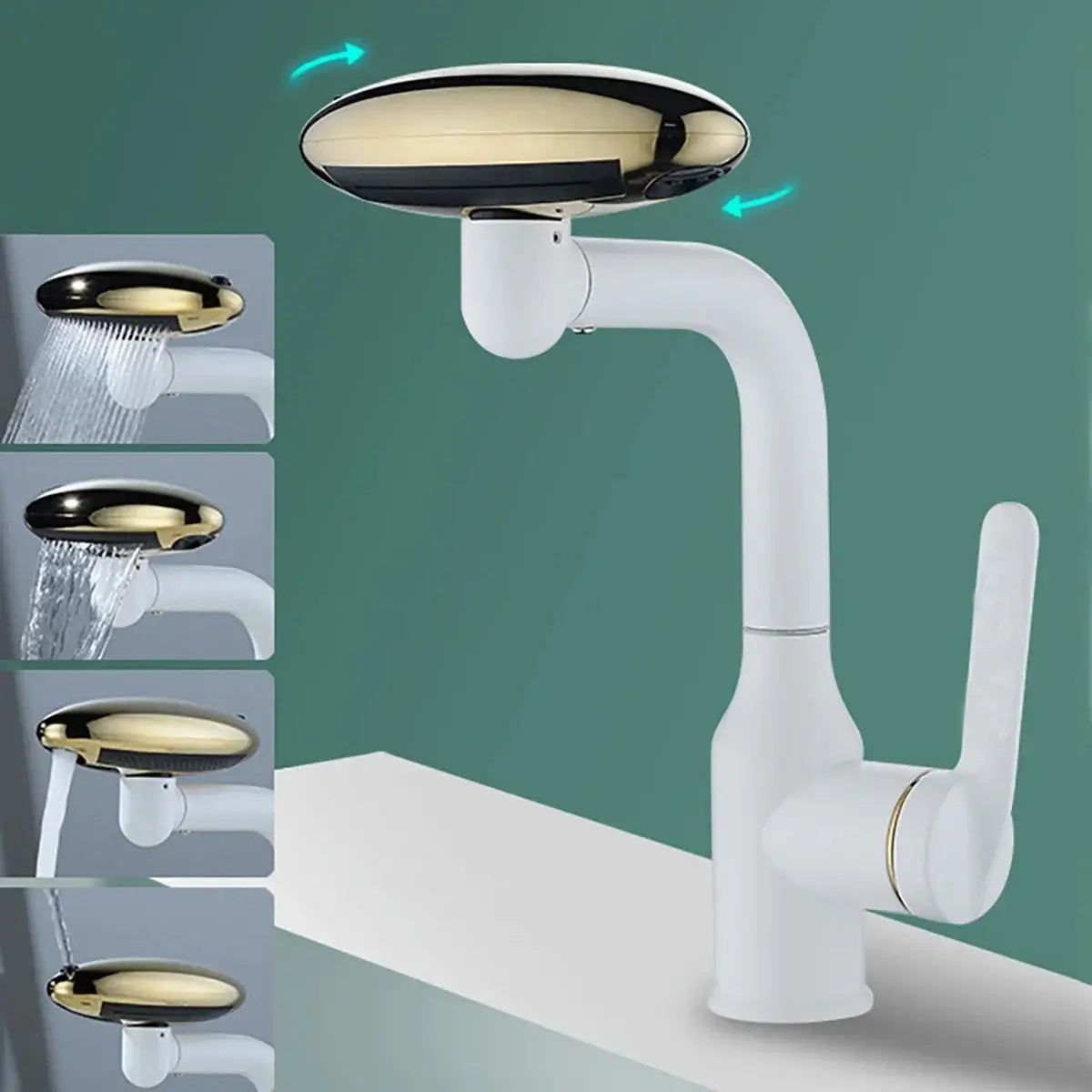 Multi-functional waterfall basin faucet with 4 spray modes and 360° rotation for bathroom sinks.