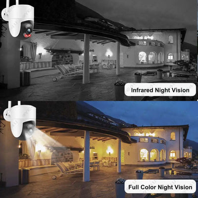 6MP Tuya WiFi camera displaying Infrared and Full Color Night Vision capabilities for outdoor security.
