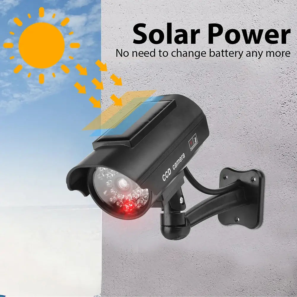 Solar-powered CCTV camera with flashing red LED light, designed for easy installation and battery-free operation.
