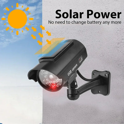 Solar-powered CCTV camera with flashing red LED light, designed for easy installation and battery-free operation.