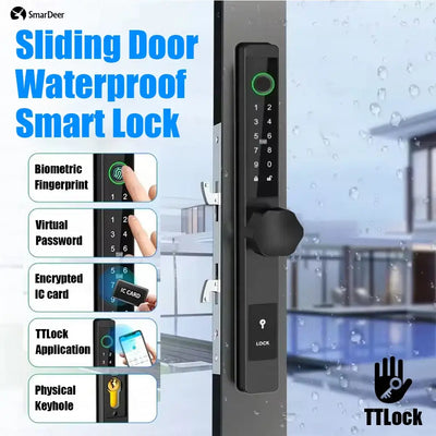 SmarDeer Waterproof Sliding Door Smart Lock with Biometric Fingerprint and Virtual Password features.