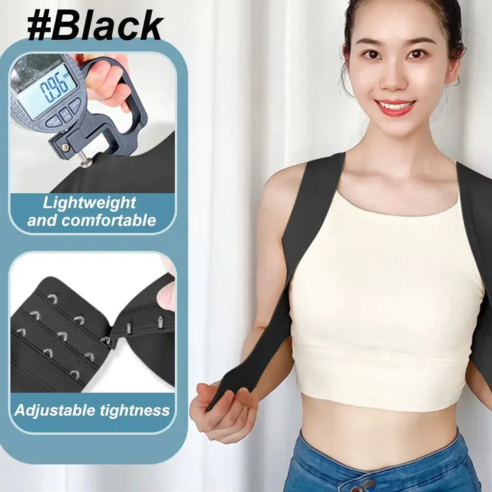 Woman showcasing a black posture corrector with features of lightweight comfort and adjustable tightness.