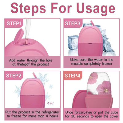 Instructions for using the Ice Roller: fill, freeze, refrigerate, and apply for facial skincare.