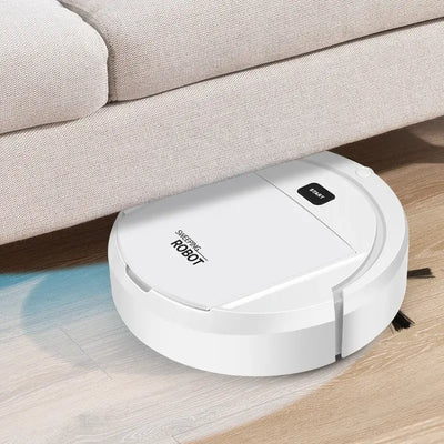Automatic robot vacuum cleaner under furniture, ideal for smart home cleaning and maintenance.