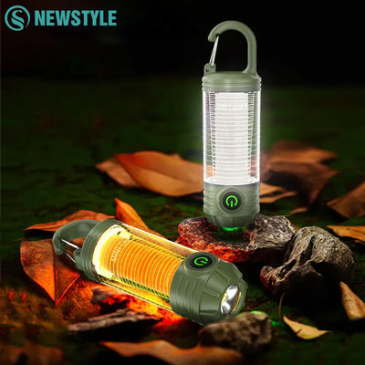LED camping lantern with hook, portable super bright flashlight, multi-functional emergency light in outdoor setting.