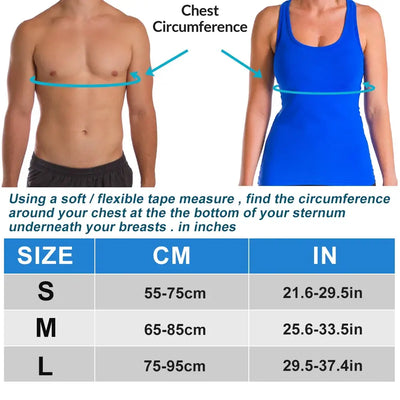 Infographic showing chest circumference measurement guide with size chart for S, M, and L for posture correctors.