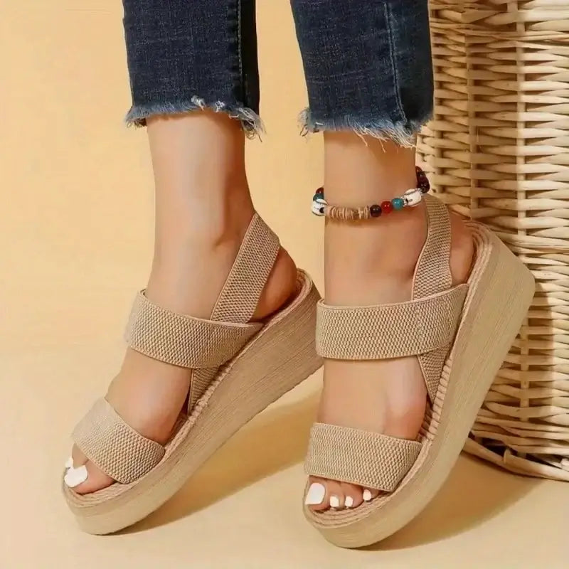 Nevytech Women’s Wedge Sandals Open Toe Platform Shoes on a model wearing casual denim.