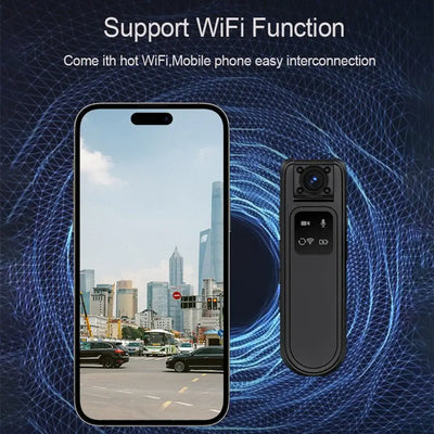 Mini camera with WiFi function displayed beside a smartphone showing a city view, illustrating easy mobile connectivity.