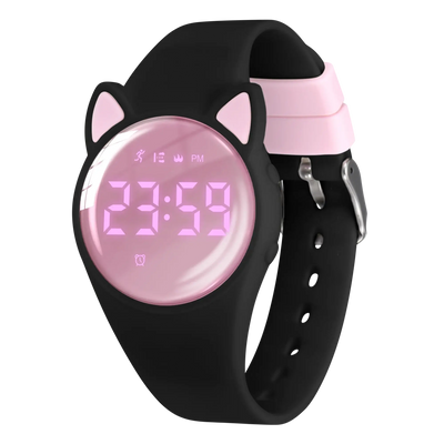 Digital sport watch for kids with cat ears design, featuring a pink display and silicone strap.
