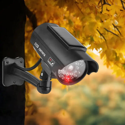 Dummy CCTV camera with flashing red LED light mounted on a wall against a backdrop of autumn leaves.