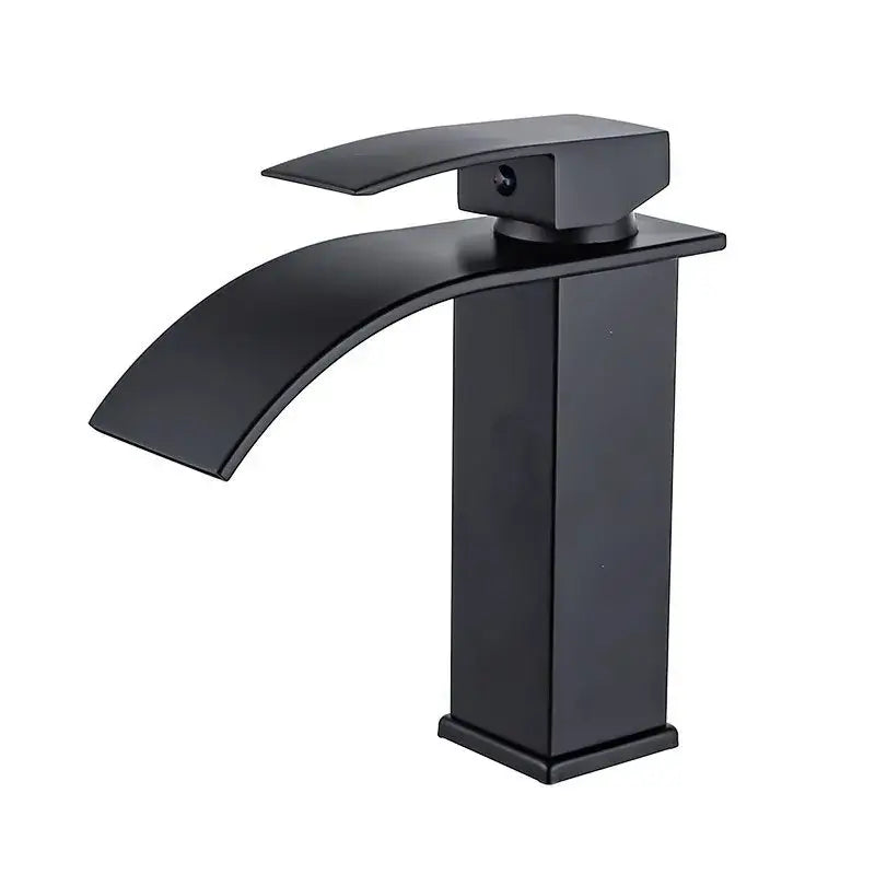 Contemporary black waterfall sink faucet for bathroom, deck mounted, single handle, stylish and modern design.