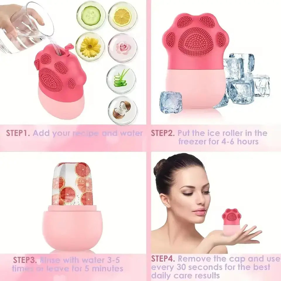 Face Beauty Ice Roller with Cosmetic Brush, Scrubber Mat Pad – Facial Massage Tool to Reduce Eye Puffiness and Clean Skin