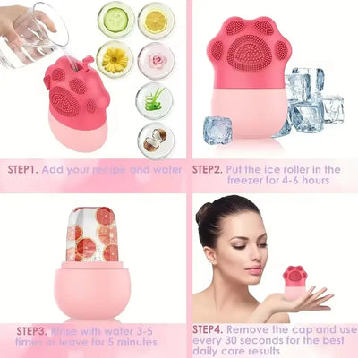 Face Beauty Ice Roller with Cosmetic Brush, Scrubber Mat Pad – Facial Massage Tool to Reduce Eye Puffiness and Clean Skin