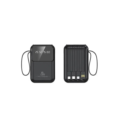 Portable 20000mAh power bank with digital display, fast charging, and wireless charging feature.