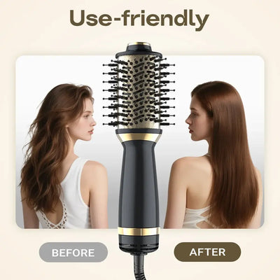 Before and after photos of a use-friendly 4in1 hair dryer brush showing improved hair styling results.