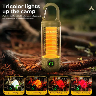 LED camping lantern with multi-color modes for outdoor lighting, featuring a hook and adjustable brightness levels.