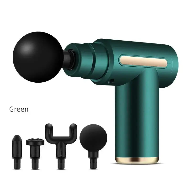 SAVIHA Massage Gun in green with four interchangeable heads for muscle relaxation, 6 speed settings, and Type-C charging.
