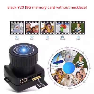 Black Y20 camera with 8G memory card, showcasing sample photos and compact design for video recording.