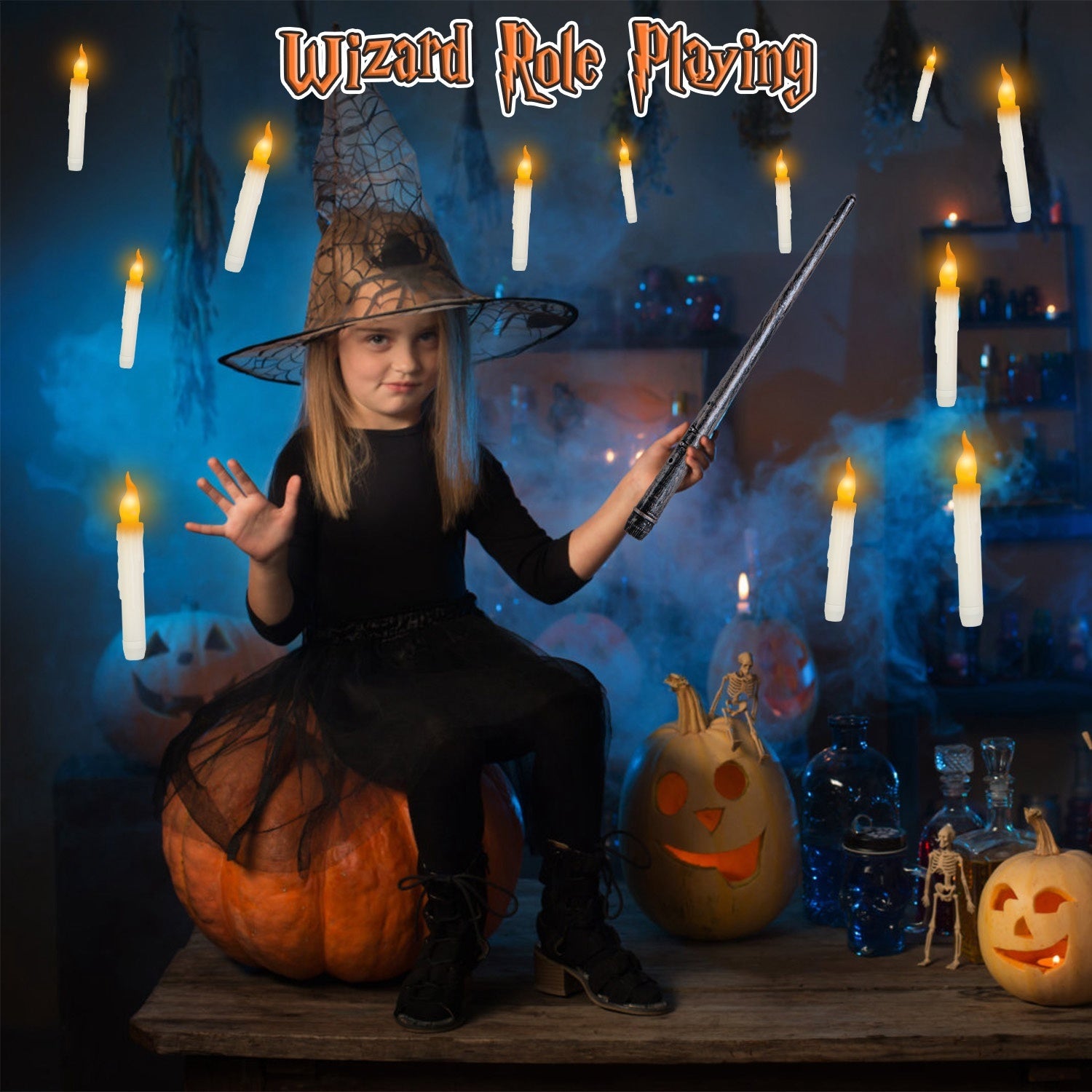 NEVY-TECH offers 12 floating LED candles with magic wand remote—perfect for Halloween, Christmas, and festive party décor.