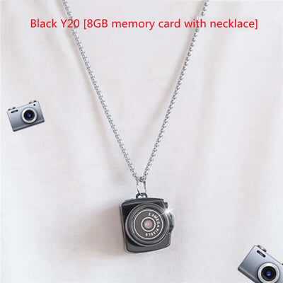 Black Y20 camera necklace with 8GB memory card, featuring a stylish design and compact size for photography enthusiasts.