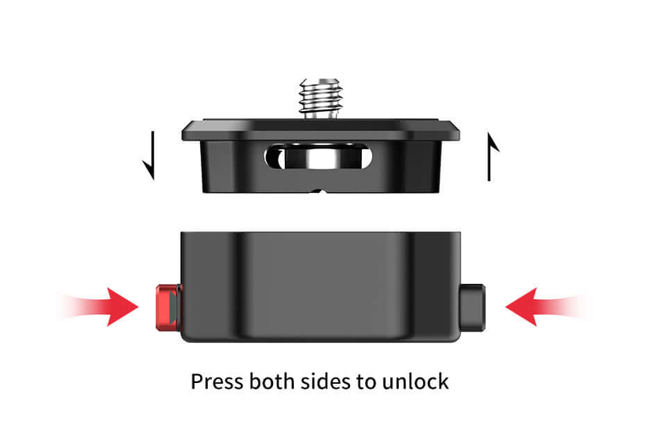 Quick-release plate cover for outdoor photography accessories, featuring unlock instructions.