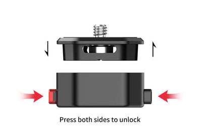 Quick-release plate cover for outdoor photography accessories, featuring unlock instructions.