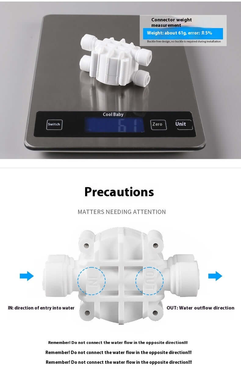 Nevytech Portable water purifier valve weighing 61g on digital scale with precautionary guidelines.
