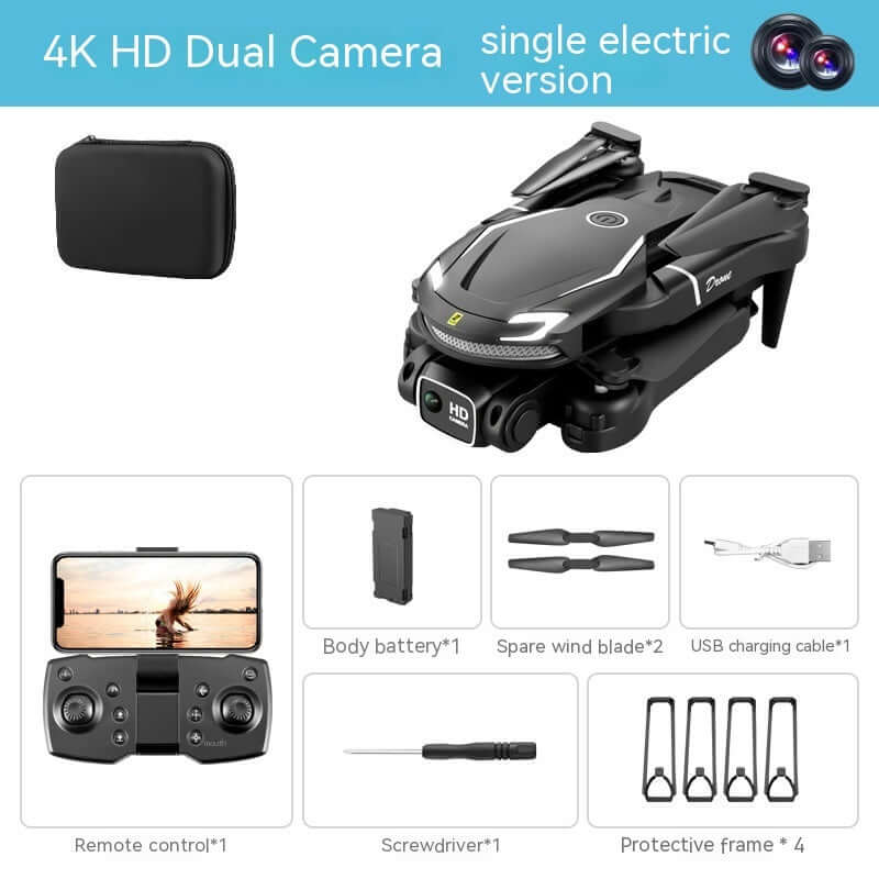 V88 UAV HD Aerial Photography drone with dual camera and accessories including remote, batteries, and carrying case.