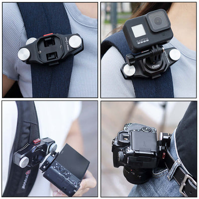 Quick-hook system for outdoor vlogging, showcasing camera clips on shoulder straps and belts.