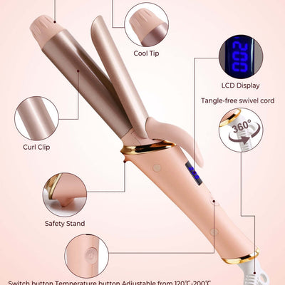 Portable Automatic Hair Curler with LCD display, cool tip, swivel cord, and adjustable temperature from 120°C to 200°C.