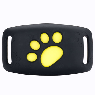 Waterproof GPS pet tracker with black casing and yellow paw design for advanced pet location.