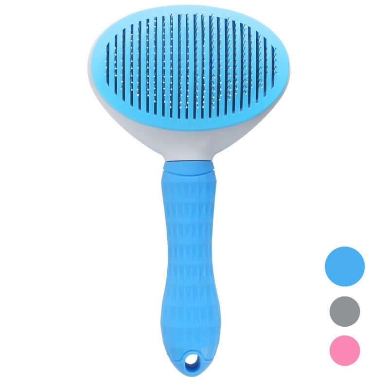Blue pet hair removal comb for dogs and cats, featuring flower needle design for effective grooming.