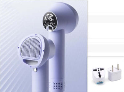 Smart pet hair dryer in elegant purple with digital display and brush attachment for grooming pets.