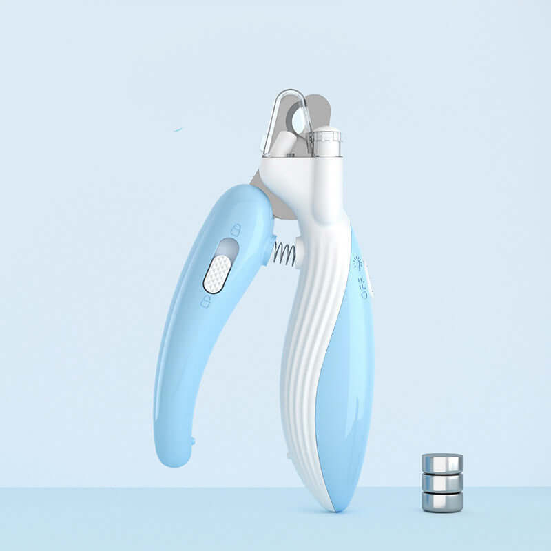 LED electric pet nail clippers in light blue, designed for safe and easy claw trimming of small pets.