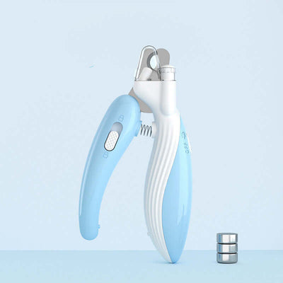 LED electric pet nail clippers in light blue, designed for safe and easy claw trimming of small pets.