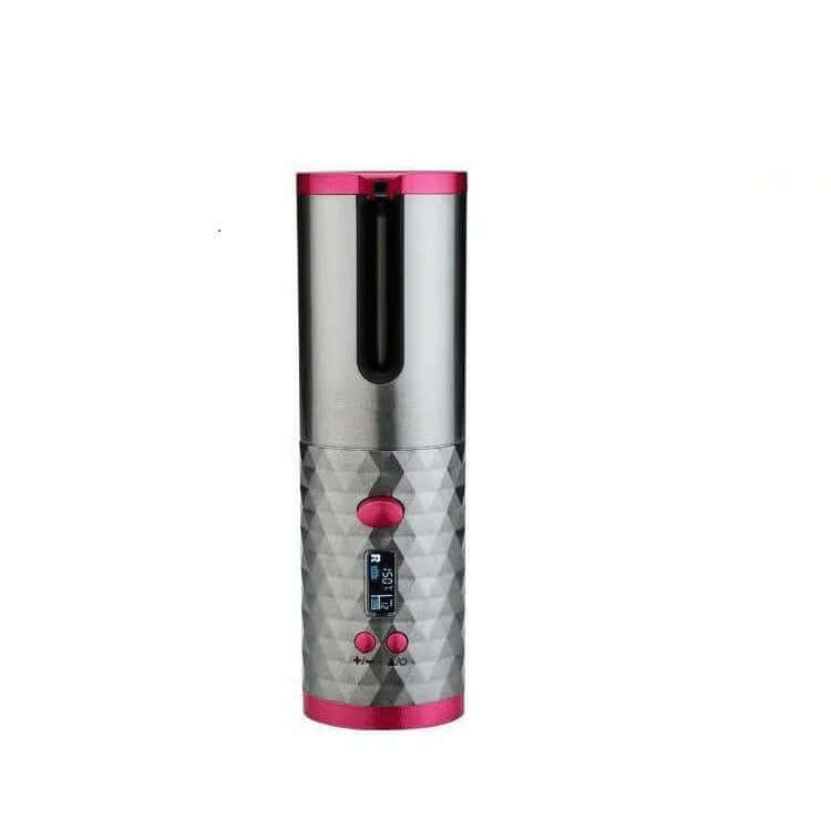 Wireless hair curler with pink accents, featuring a color screen and portable design for automatic curling.