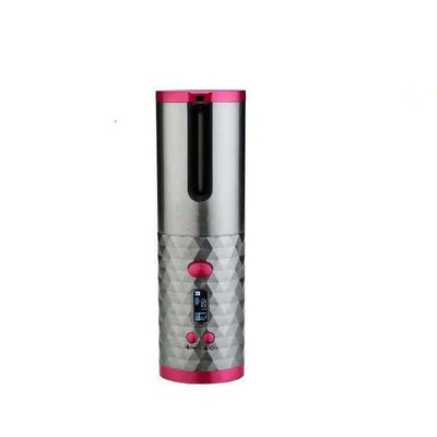 Wireless hair curler with pink accents, featuring a color screen and portable design for automatic curling.
