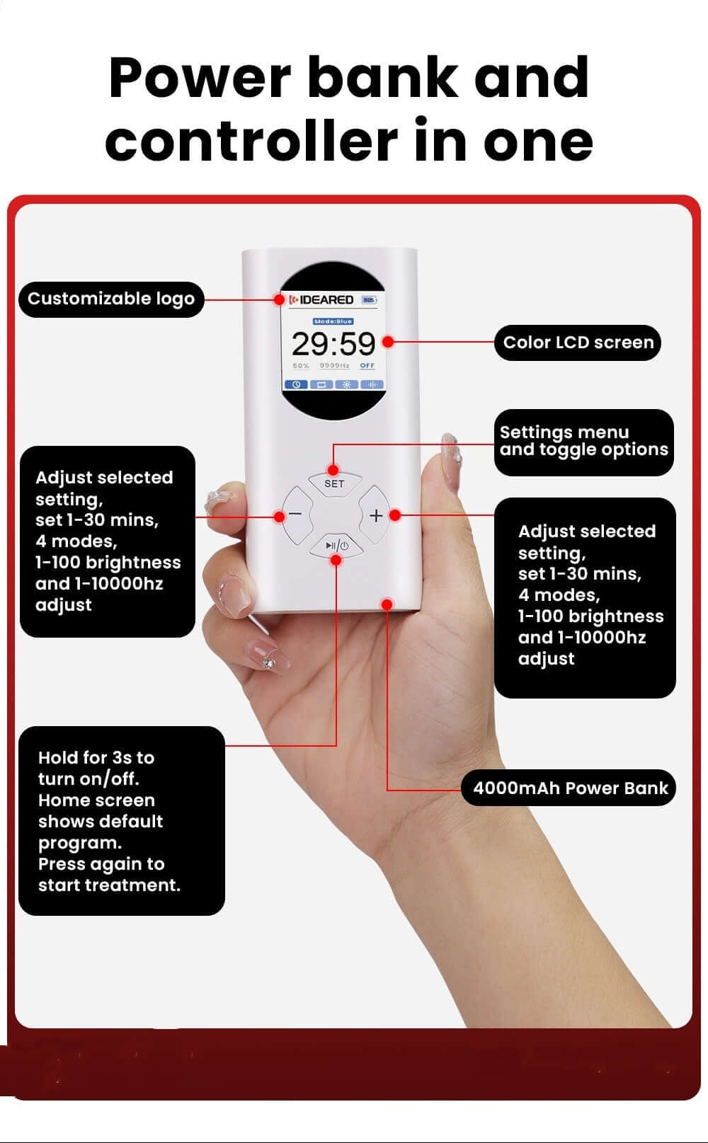 Power bank and controller image showing customizable settings, color LCD screen, adjustable modes, and 4000mAh capacity.